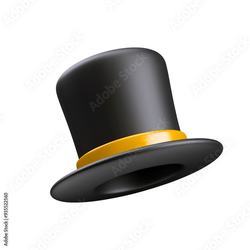 3d realistic art of wizard`s hat. Black magic hat with gold ribbon. Vector magic hat for magician. Vintage man fashion and magic show concept. Hat for magic tricks isolated on a white background