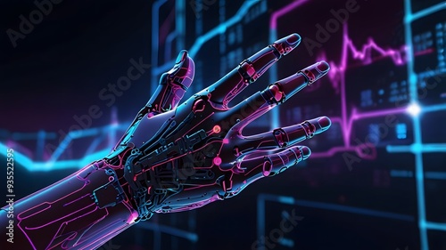 a robotic hand touch network of neon-lit data streams the complexity of machine learning and AI technology