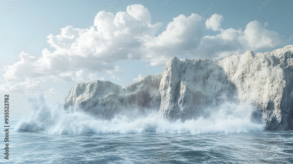 62. 3D representation of a tranquil seaside cliff with dramatic rock formations and crashing waves, isolated on a clean background 62. 3D representation of a tranquil seaside cliff with dramatic rock formations and crashing waves, isolated on a clean background