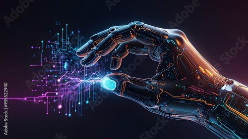 futuristic a human hand and a robotic hand gently touch swirling network of data streams digital connections the harmony AI and humanity