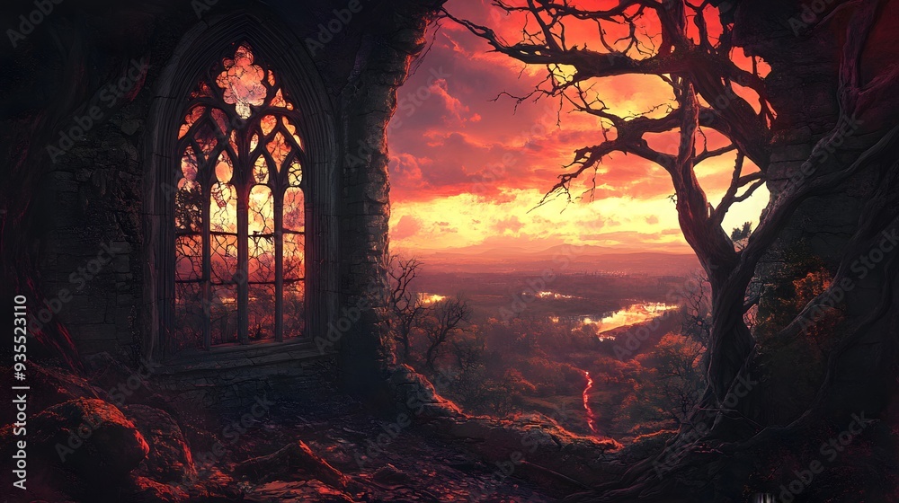 Obraz premium Ruined Gothic Window Sunset Landscape