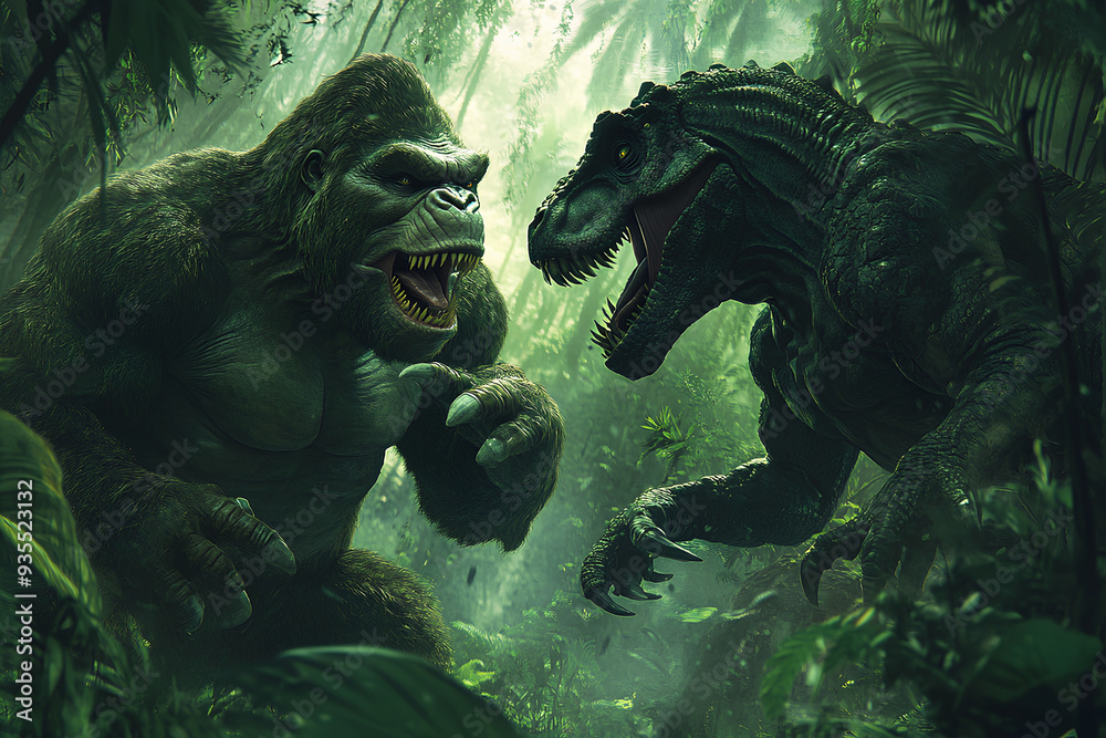 king kong vs dinosaur trex in the jungle, a king kong and a dinosaur fighting, king kong, dinosaur, angry, fighting, jungle king kong vs dinosaur trex in the jungle, a king kong and a dinosaur fighting, king kong, dinosaur, angry, fighting, jungle