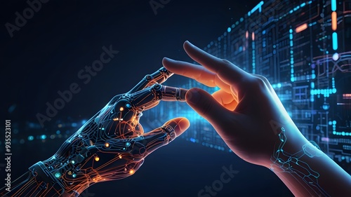 futuristic a human hand and a robotic hand gently touch swirling network of data streams digital connections the harmony AI and humanity