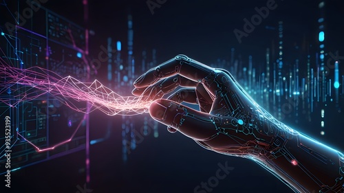 futuristic a human hand and a robotic hand gently touch swirling network of data streams digital connections the harmony AI and humanity