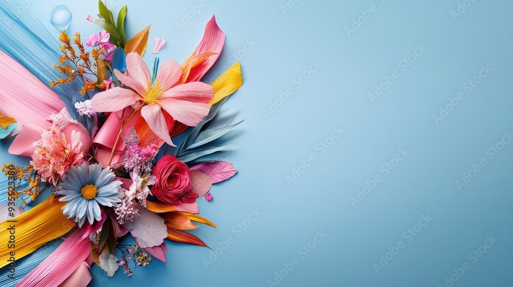 Vibrant Floral Bouquet on Blue Background for Spring Celebrations Vibrant Floral Bouquet on Blue Background for Spring Celebrations