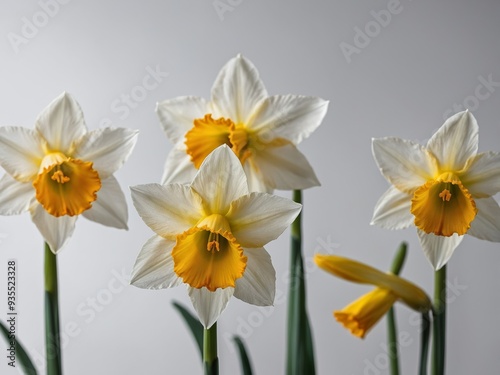 A serene arrangement of white and yellow daffodils against a minimalist gray background