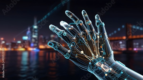 a robotic hand connecting over a bridge made of luminous data streams advanced AI driven environment with complex algorithms and data visualizations floating in the air
