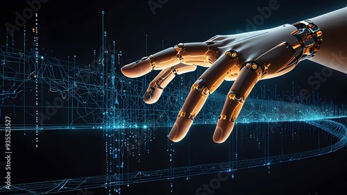 a robotic hand connecting over a bridge made of luminous data streams advanced AI driven environment with complex algorithms and data visualizations floating in the air