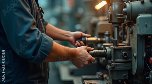 Skilled Machinist Operating Industrial Equipment: Close-up of Hands Adjusting Complex Machinery, Precision Manufacturing and Engineering Expertise