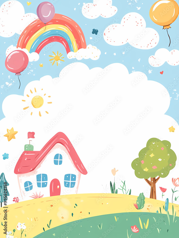 Cheerful Children's Illustration with Rainbow, Smiling Clouds, and Suns, Featuring Colorful Flags and Stars with a Large Blank Space for Text, Perfect for Kids' Content
