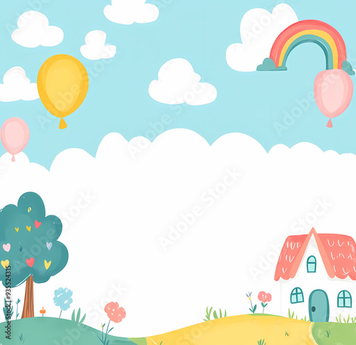 Cheerful Children's Illustration with Rainbow, Smiling Clouds, and Suns, Featuring Colorful Flags and Stars with a Large Blank Space for Text, Perfect for Kids' Content