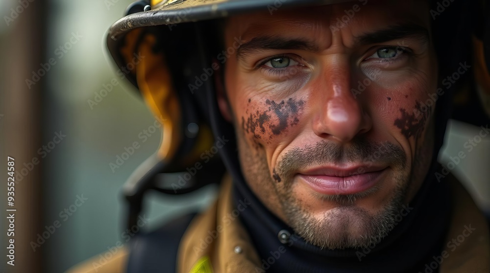 Courageous Firefighter Close-up: Intense Portrait of Determined First Responder with Helmet, Ready for Dangerous Rescue Missions Courageous Firefighter Close-up: Intense Portrait of Determined First Responder with Helmet, Ready for Dangerous Rescue Missions