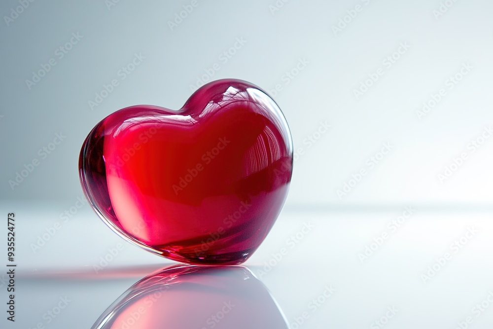 Red glass heart on reflective surface, symbol of love and affect Red glass heart on reflective surface, symbol of love and affect