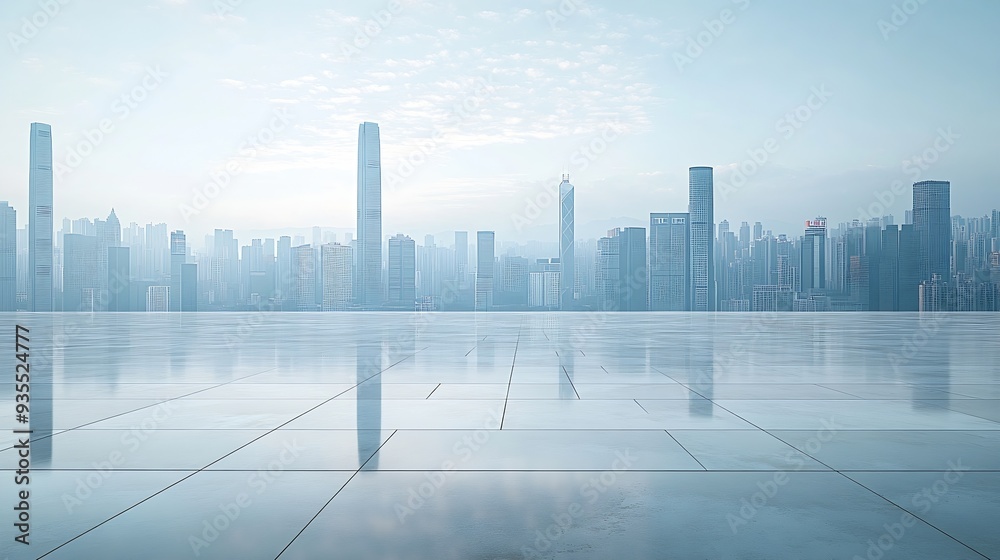 Empty square floor and city skyline with building background : Generative AI Empty square floor and city skyline with building background : Generative AI