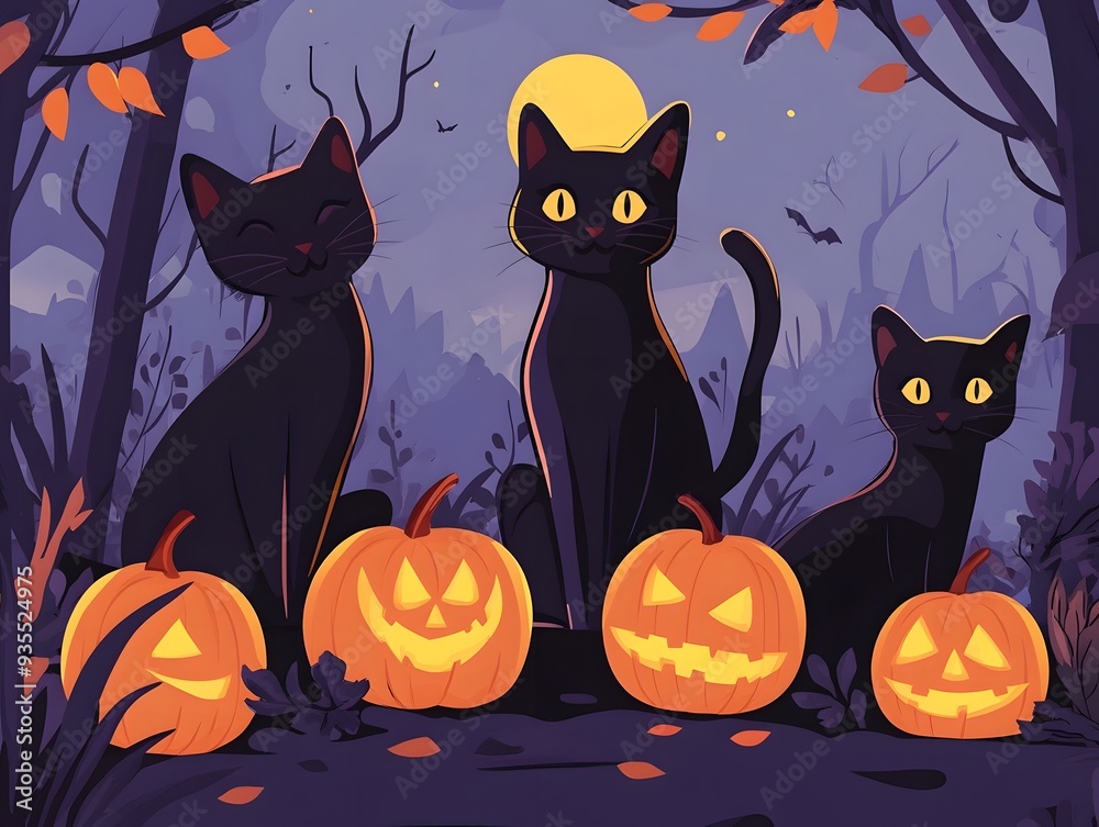 Halloween Black Cats and Jack O Lanterns in the Forest