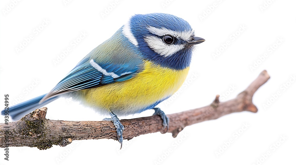 Fototapeta premium Eurasian Blue Tit Cyanistes caeruleus isolations on a white background in studio : Generative AI