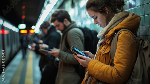 Commuters are focused on their devices while waiting for the subway on a crowded platform in the evening