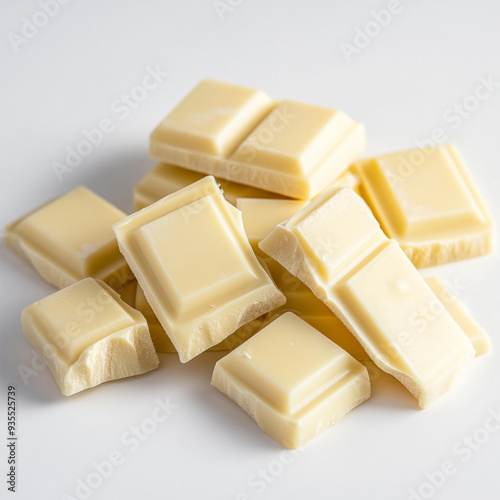 white chocolate pieces, rectangle shape, stacked together, neat pile, white background