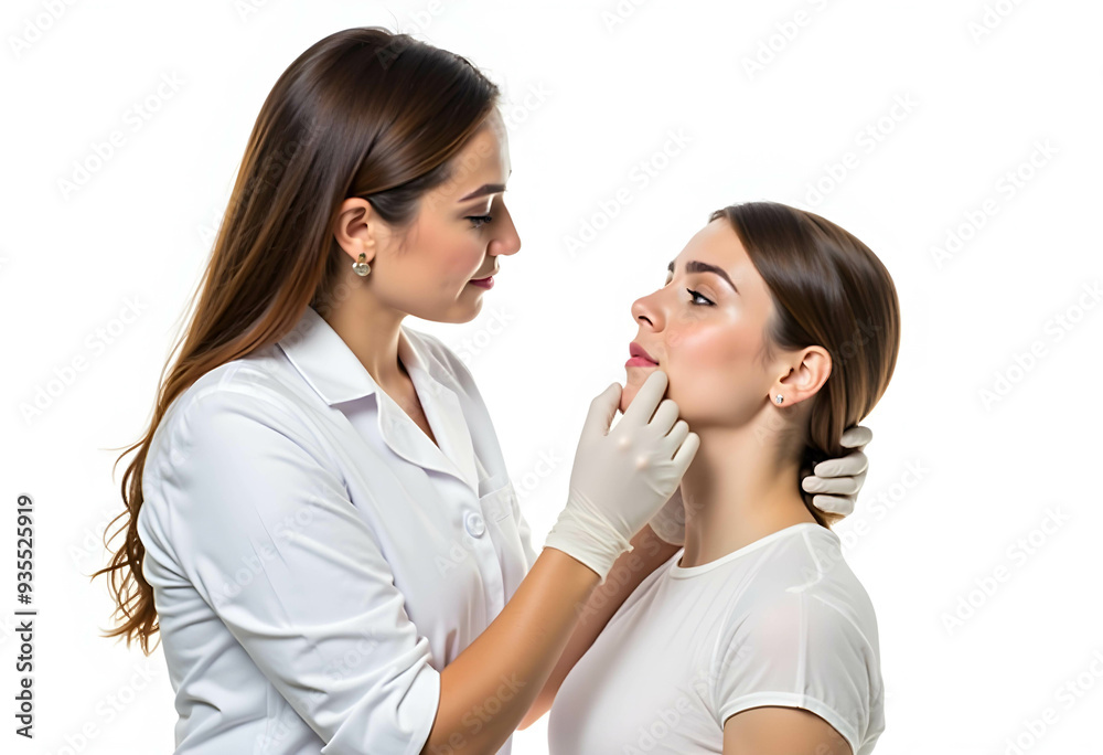 A surgeon wearing gloves Examines the face of a woman while giving pre-surgery consultation on a white background A surgeon wearing gloves Examines the face of a woman while giving pre-surgery consultation on a white background