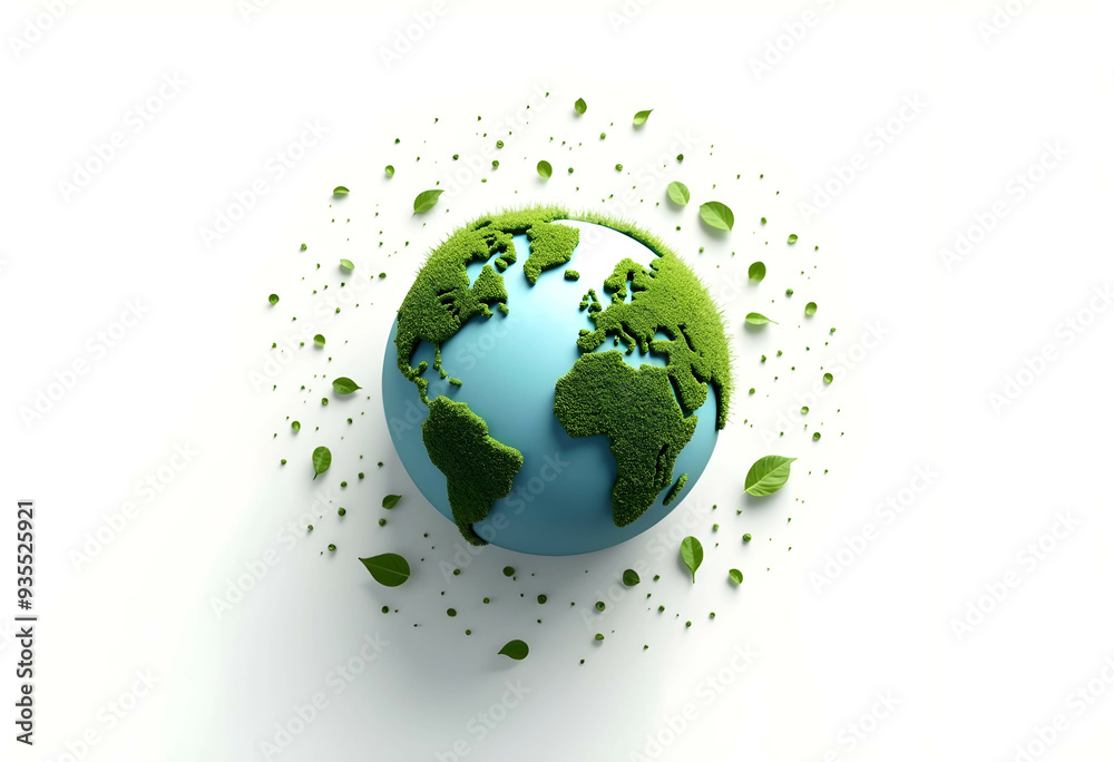A stylized representation of the Earth as a globe with continents covered in green, surrounded by green leaves. on a white background A stylized representation of the Earth as a globe with continents covered in green, surrounded by green leaves. on a white background