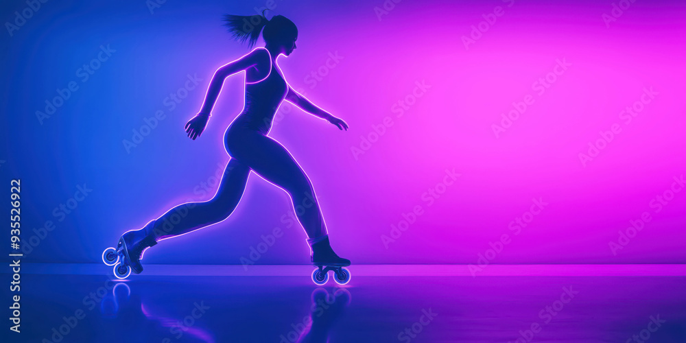 Energetic Silhouette of Woman Rollerblading in Neon Purple and Blue Lights Energetic Silhouette of Woman Rollerblading in Neon Purple and Blue Lights