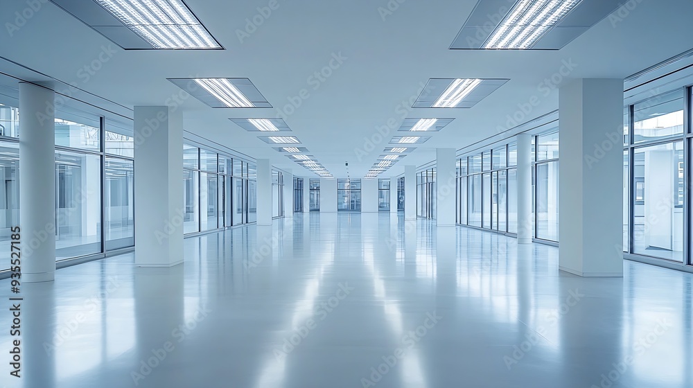 Obraz premium Interior of modern empty office buildingOpen white ceiling designCool tone : Generative AI