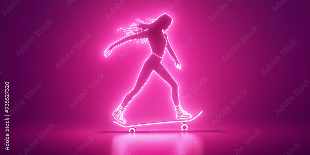 Silhouette of Woman Skateboarding in Neon Pink Light - Futuristic Sports Concept Silhouette of Woman Skateboarding in Neon Pink Light - Futuristic Sports Concept