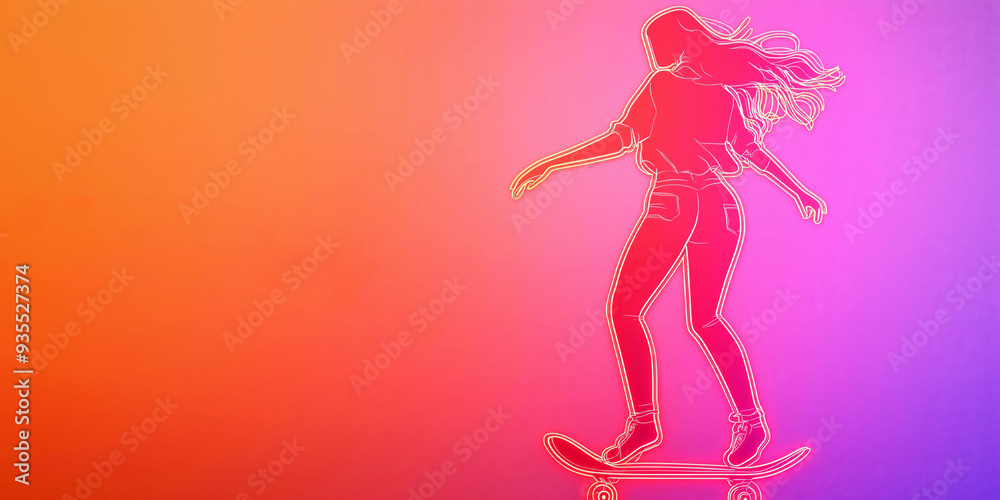 Neon Outline of a Woman Skateboarding on Vivid Gradient Background Neon Outline of a Woman Skateboarding on Vivid Gradient Background