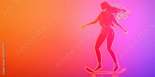 Neon Outline of a Woman Skateboarding on Vivid Gradient Background