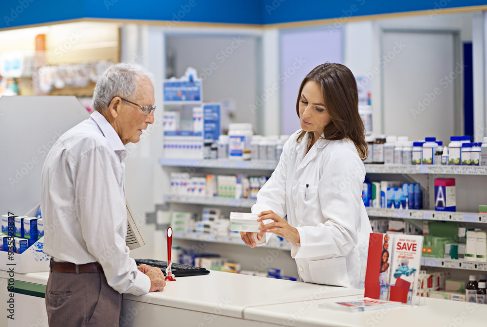 Woman, pharmacist and elderly man with box for consultation, medicine prescription or healthcare advice. Medical, customer and discussion for product instructions, pharmaceutical opinion and pharmacy Woman, pharmacist and elderly man with box for consultation, medicine prescription or healthcare advice. Medical, customer and discussion for product instructions, pharmaceutical opinion and pharmacy