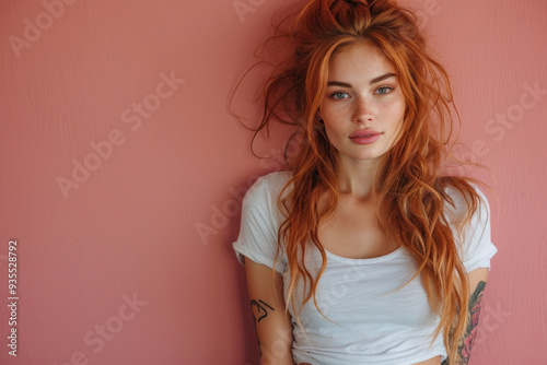 Confident woman with tattoos standing against pink background