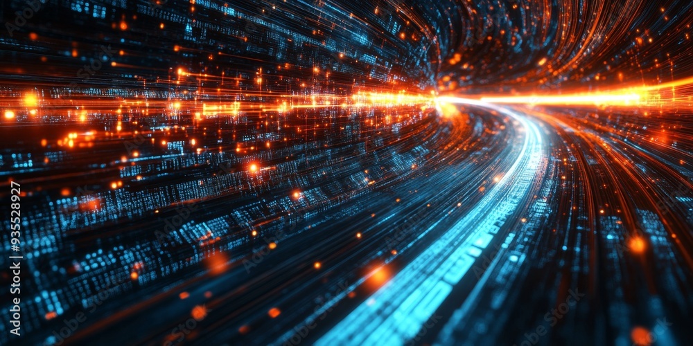 Fototapeta premium Abstract Fiber Optic Network: High-Tech Illuminated Cables for Internet Connectivity. Futuristic Blue Glowing Lines Representing Speed and Innovation in Digital Communication. AI-Generated Design for 