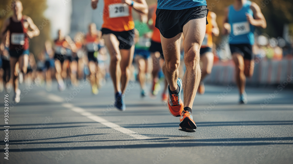 Group of runners participate in a marathon on a city street with their legs in motion and blurred figures in the background. The image captures the energy and focus of a competitive race. Group of runners participate in a marathon on a city street with their legs in motion and blurred figures in the background. The image captures the energy and focus of a competitive race.