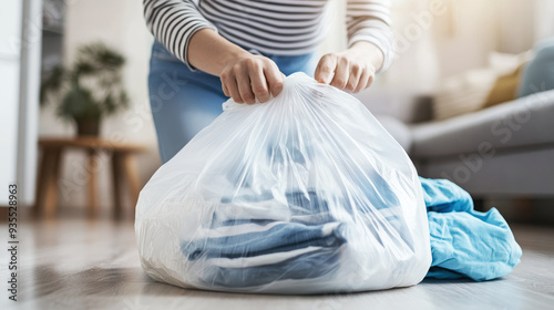 A person ties a large plastic bag filled with folded clothes while kneeling on a wooden floor. The image suggests organization, cleaning, and storage of laundry items. photo