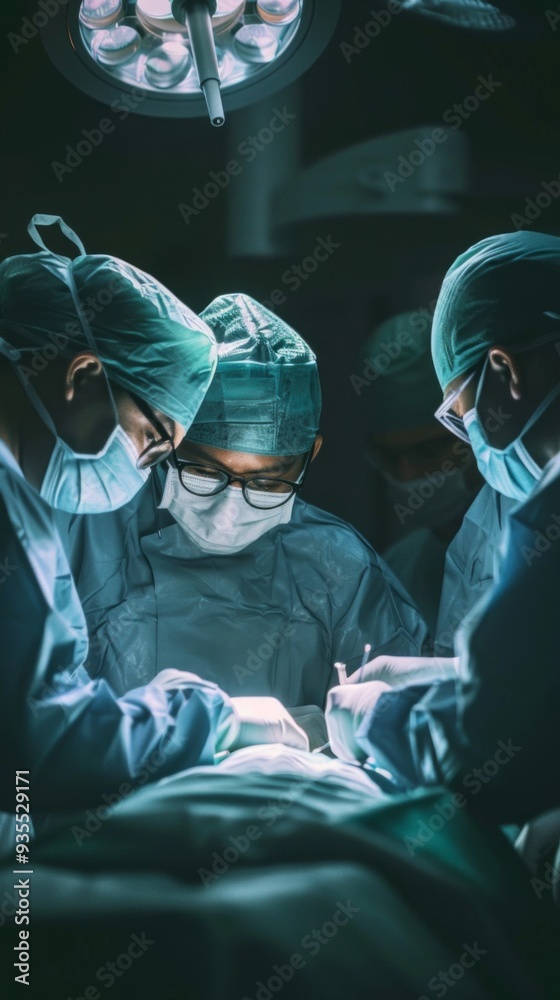 A team of skilled surgeons is focused on a complex procedure in a low-light surgical theater, demonstrating precision and teamwork during the operation A team of skilled surgeons is focused on a complex procedure in a low-light surgical theater, demonstrating precision and teamwork during the operation