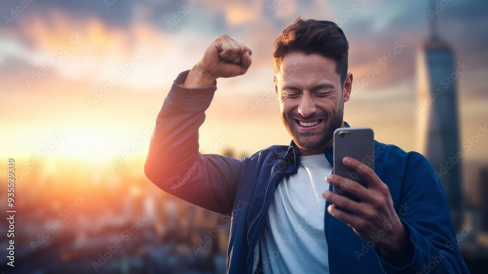 Naklejka premium a man in a blue jacket rejoices in victory looking at the phone holding a fist above his head against the backdrop of dawn in the metropolis. 