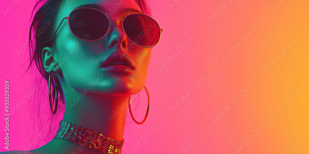 Fashionable Woman with Sunglasses and Neon Lighting Fashionable Woman with Sunglasses and Neon Lighting