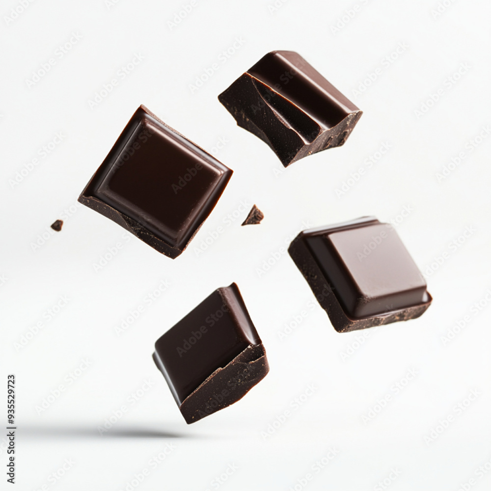 Isolated dark chocolate pieces, rectangle shape, pieces are angled different ways, floating in air, white background, shot from the side Isolated dark chocolate pieces, rectangle shape, pieces are angled different ways, floating in air, white background, shot from the side