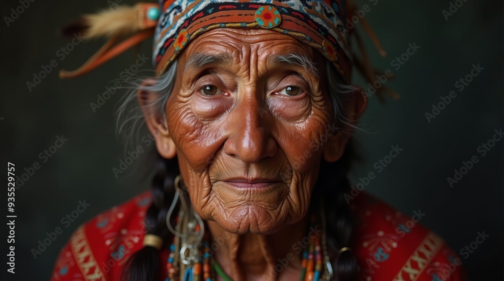 Dignified Indigenous Elder Portrait: Weathered Face of Wise Tribal Leader with Traditional Headwear, Embodying Cultural Heritage and Wisdom Dignified Indigenous Elder Portrait: Weathered Face of Wise Tribal Leader with Traditional Headwear, Embodying Cultural Heritage and Wisdom