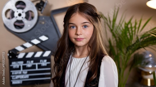 portrait of a young actress girl against the backdrop of a movie flapper. screen tests
 photo