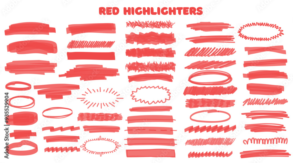 Marker red set, brush pen hand drawn underline. Highlighter collection, brush lines, isolated. Vector highlighter graphic stylish element. Watercolor red hand drawn highlight set. Marker red set, brush pen hand drawn underline. Highlighter collection, brush lines, isolated. Vector highlighter graphic stylish element. Watercolor red hand drawn highlight set.