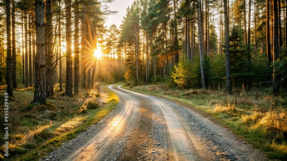 Fototapeta premium A serene dirt road winding through a forest, illuminated by the warm hues of a sunset in the background