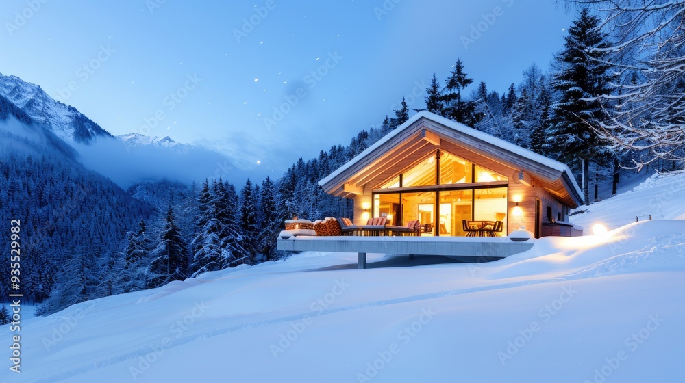 Snowy Winter Cabin Under Starry Sky with Pine Trees Snowy Winter Cabin Under Starry Sky with Pine Trees