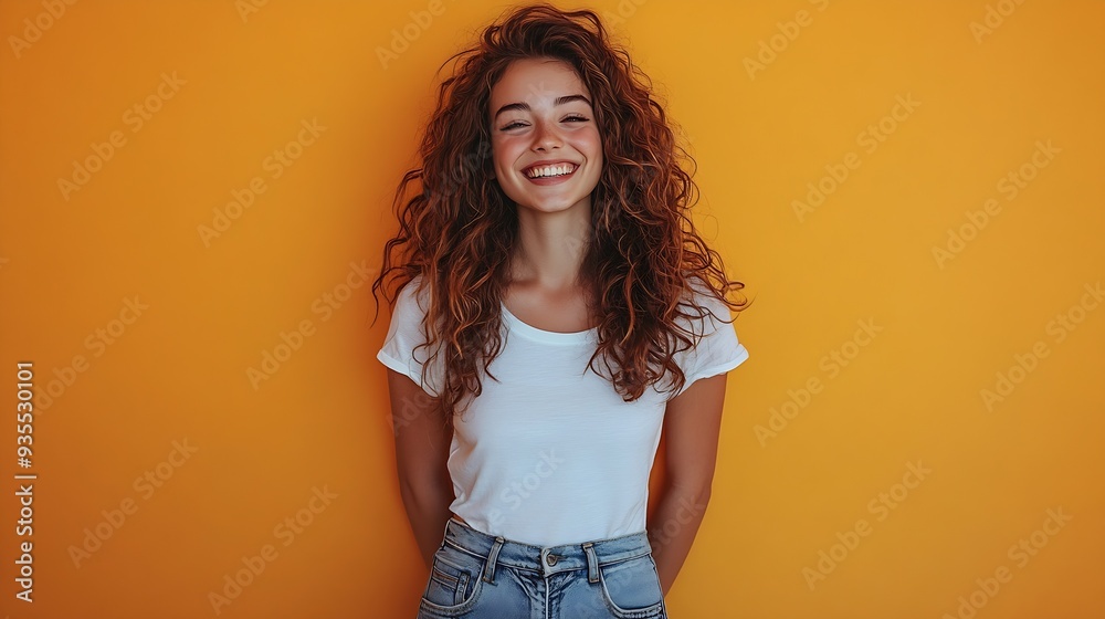 Laughing young woman with curly hair standing with her hands in her jeans pockets against an orange background : Generative AI Laughing young woman with curly hair standing with her hands in her jeans pockets against an orange background : Generative AI
