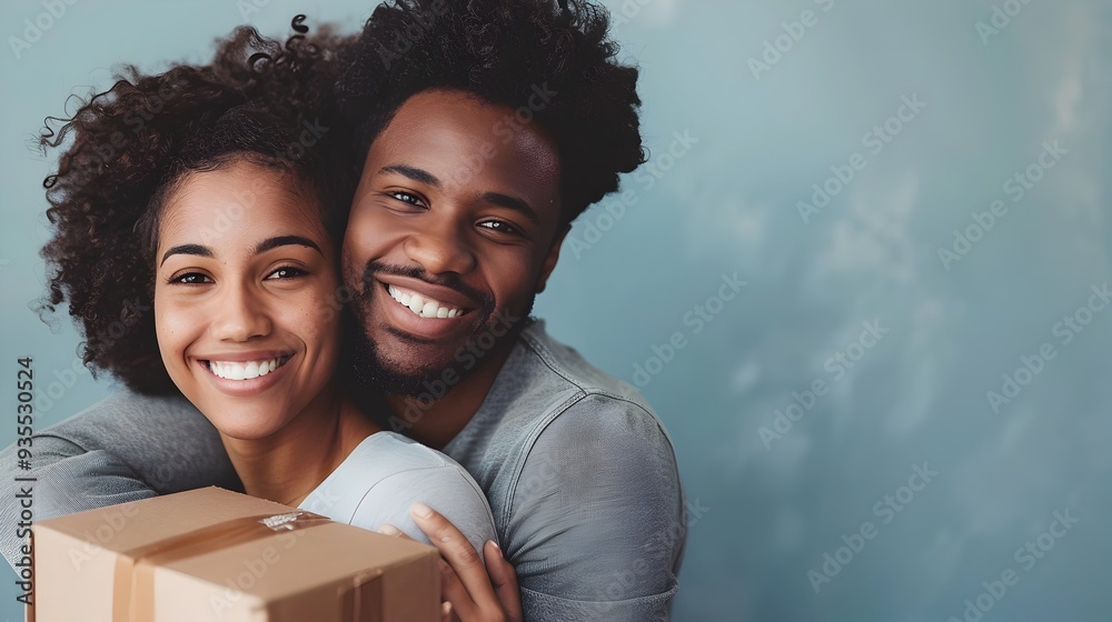 Joyful Couple Embracing While Moving Into Their First Home with Boxes Joyful Couple Embracing While Moving Into Their First Home with Boxes