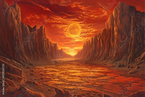 A fiery red sky and giant rock formations create a desolate landscape