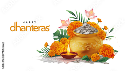 Happy Dhanteras, subh dhanteras, akshaya tritiya, golden kalash with diya isolated on transparent background photo