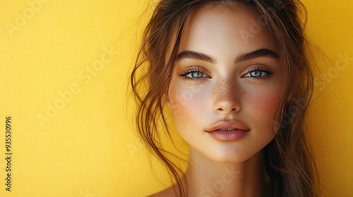 Her beauty is a work of art Cropped shot of a beautiful woman posing against a bright yellow background : Generative AI