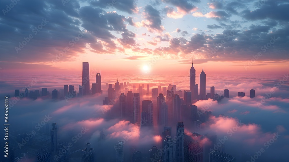 Cityscape Emerging from Misty Dawn Buildings Aglow with the First Light of a New Day