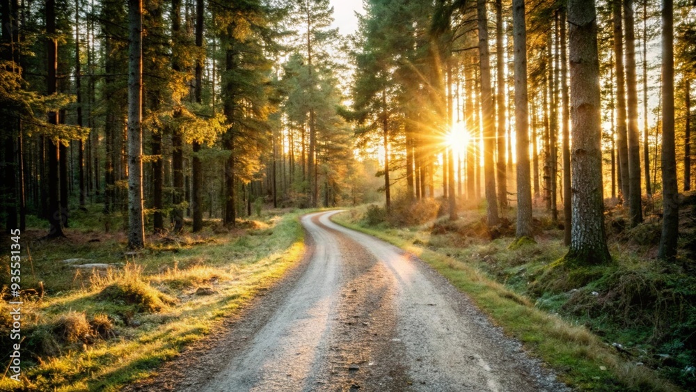 A serene dirt road winding through a forest, illuminated by the warm hues of a sunset in the background A serene dirt road winding through a forest, illuminated by the warm hues of a sunset in the background